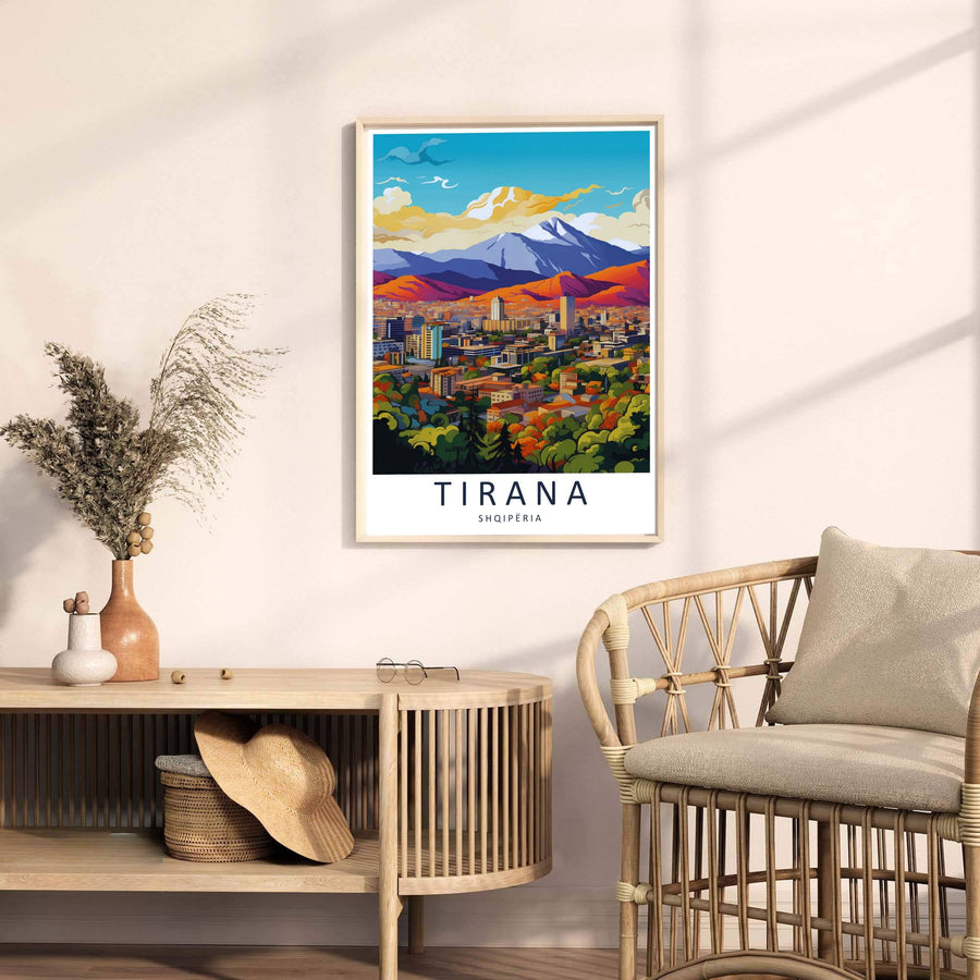 Looking past green pine trees toward glowing sunset mountain ridges, this Tirana art print celebrates Albanian urban heritage and alpine views. Select your preferred format, such as unframed fine art paper, a custom wood frame, or a gallery canvas wrap.