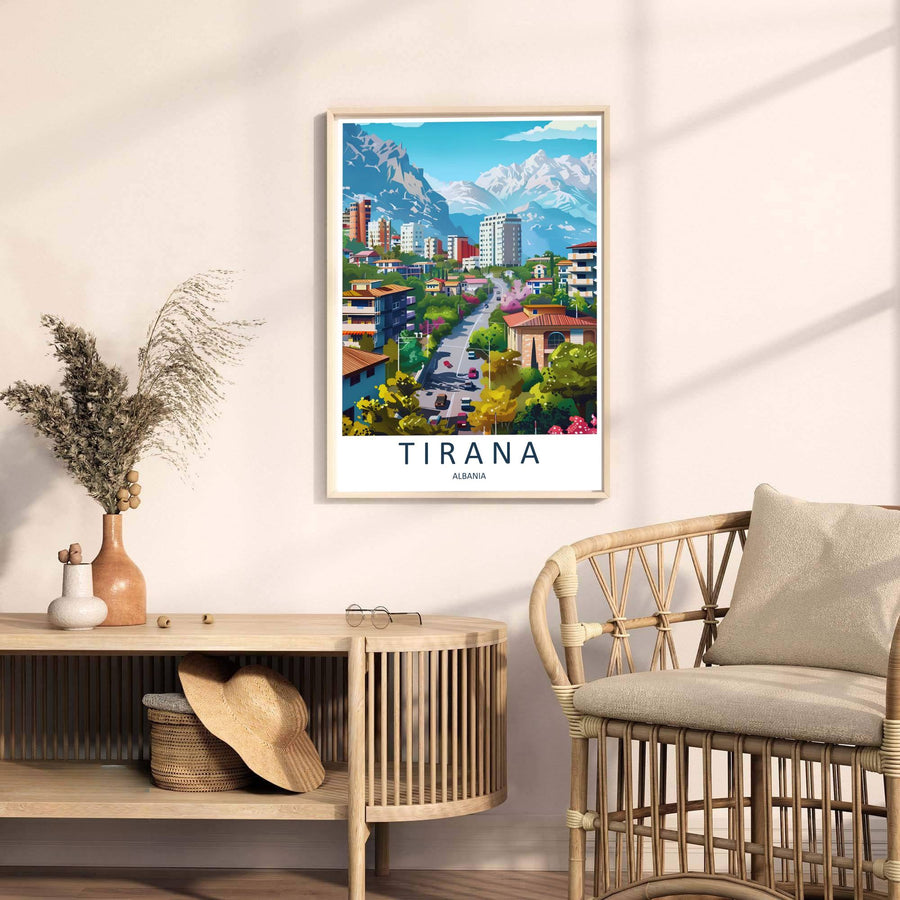 Looking past green park trees toward glowing mountain ridges, this Tirana art print celebrates Albanian urban heritage and alpine geography. Select your preferred format, such as unframed fine art paper, a custom wood frame, or a gallery canvas wrap.