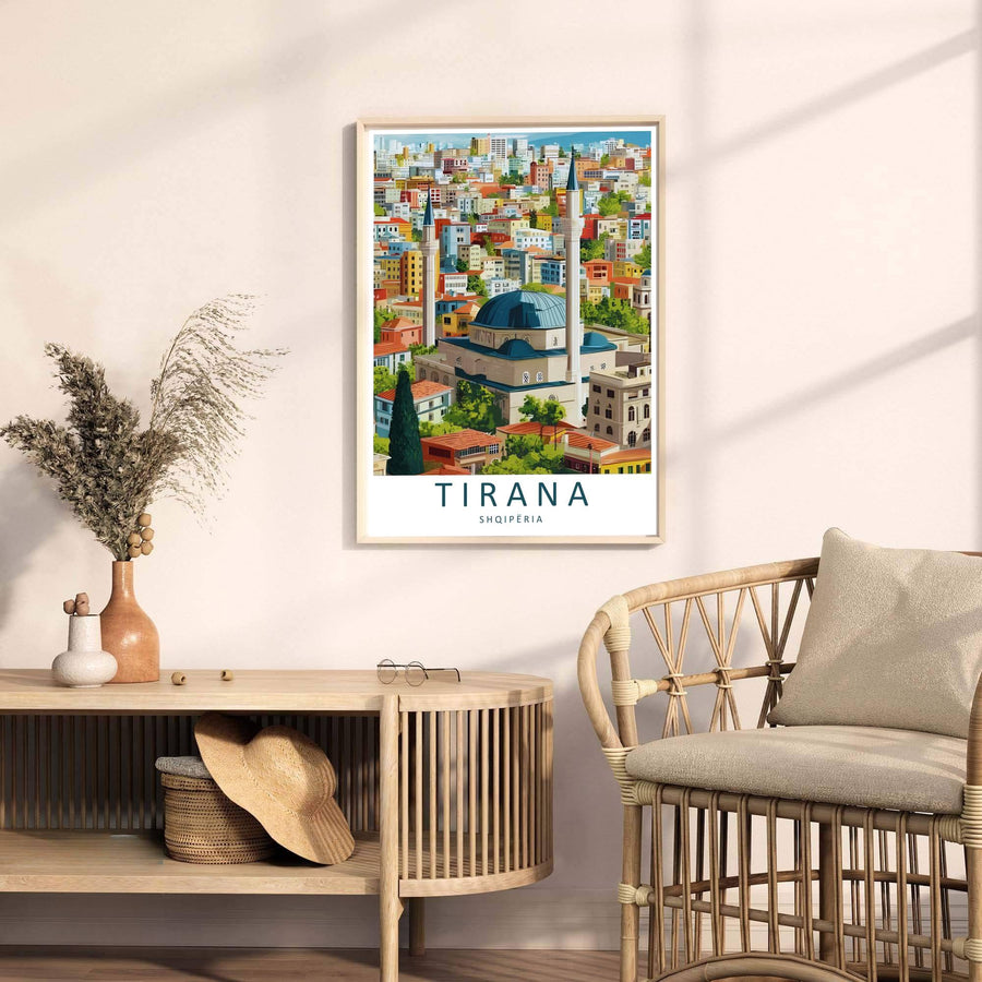 Scenic urban streetscapes and monumental religious architecture blend seamlessly in this beautiful Balkan travel vector illustration poster. MapYourDreams provides custom choices like unframed archival paper, custom frames in various finishes, and stretched canvas wraps for a polished look.