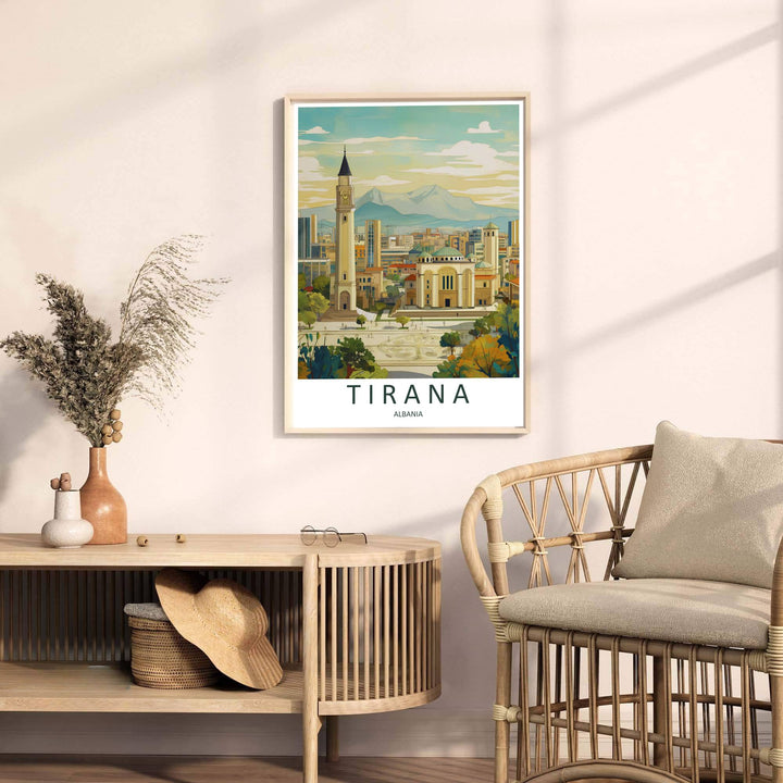 Looking past green foliage toward the grand dome of the Resurrection Cathedral, this Tirana art print celebrates Albanian urban heritage and contemporary design. Select your preferred format, such as unframed fine art paper, a custom wood frame, or a gallery canvas wrap.