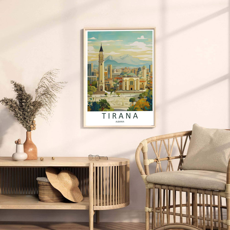 Looking past green foliage toward the grand dome of the Resurrection Cathedral, this Tirana art print celebrates Albanian urban heritage and contemporary design. Select your preferred format, such as unframed fine art paper, a custom wood frame, or a gallery canvas wrap.