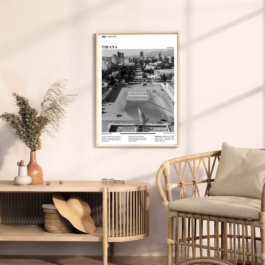 Celebrating the architectural heritage of Tirana, this Black &amp; White photographic art print turns historic plaza data into timeless wall decor. Select your preferred format, such as unframed fine art paper, a custom wood frame, or a gallery canvas wrap.