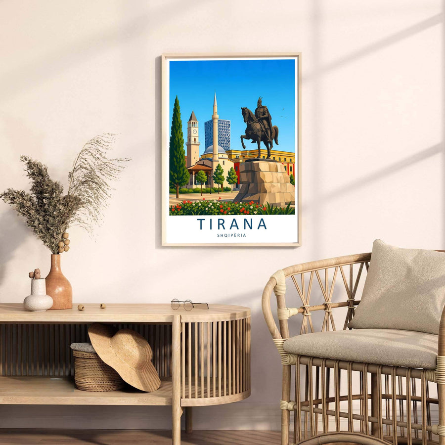 Looking past green foliage toward the grand bronze statue of Skanderbeg, this Tirana art print celebrates Albanian national heritage and contemporary design. Select your preferred format, such as unframed fine art paper, a custom wood frame, or a gallery canvas wrap.