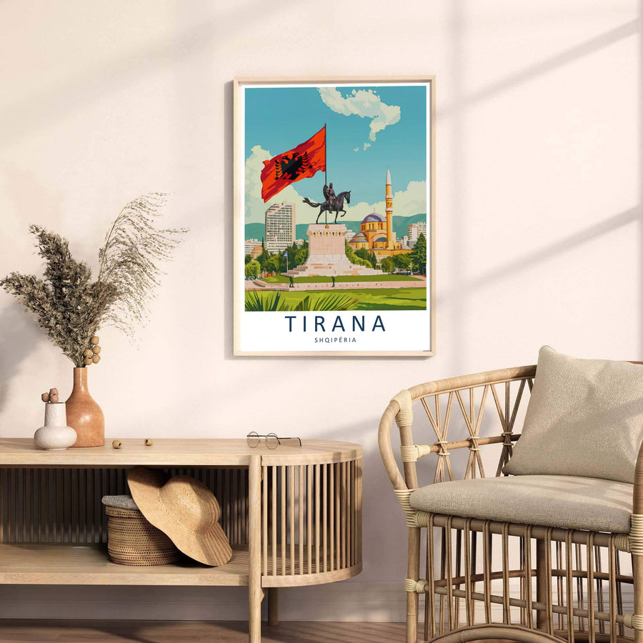 Looking past green foliage toward the grand bronze statue and red flag of Skanderbeg, this Tirana art print celebrates Albanian national heritage and contemporary design. Select your preferred format, such as unframed fine art paper, a custom wood frame, or a gallery canvas wrap.