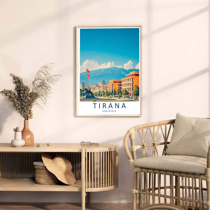 Looking past green foliage toward the grand slopes of Mount Dajti, this Tirana art print celebrates Albanian urban heritage and contemporary design. Select your preferred format, such as unframed fine art paper, a custom wood frame, or a gallery canvas wrap.