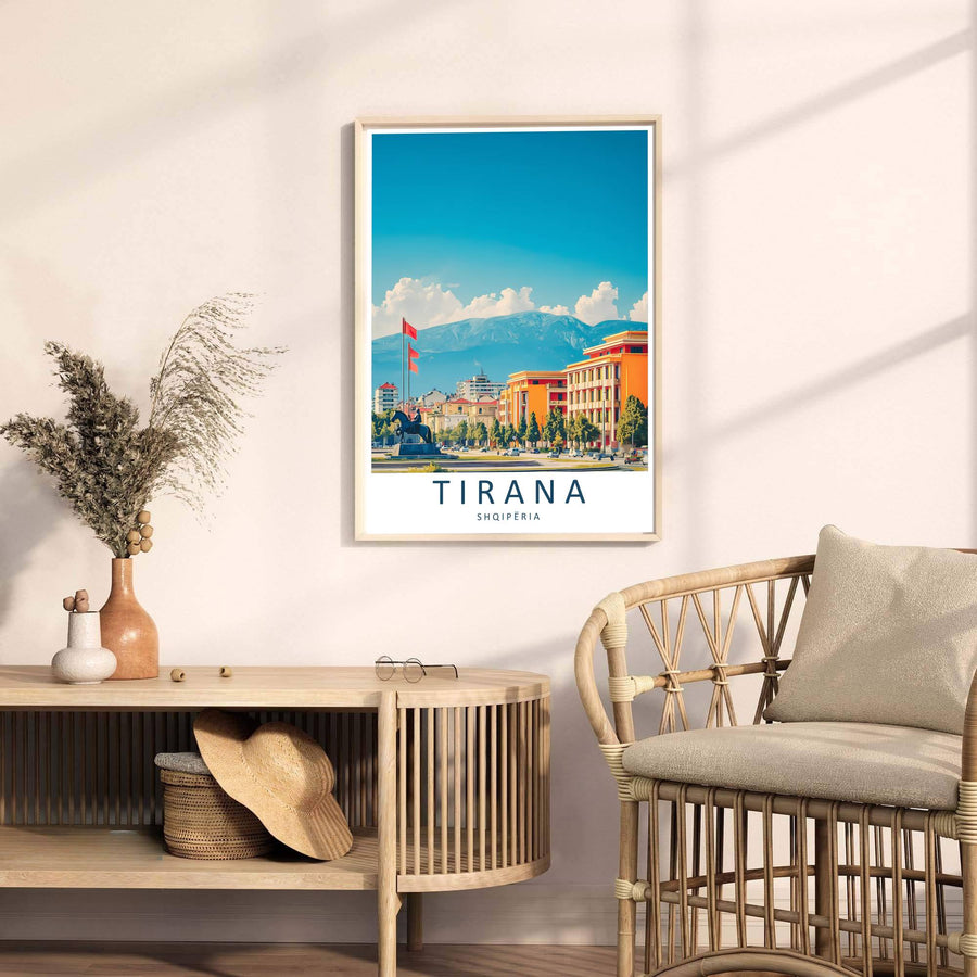Looking past green foliage toward the grand slopes of Mount Dajti, this Tirana art print celebrates Albanian urban heritage and contemporary design. Select your preferred format, such as unframed fine art paper, a custom wood frame, or a gallery canvas wrap.