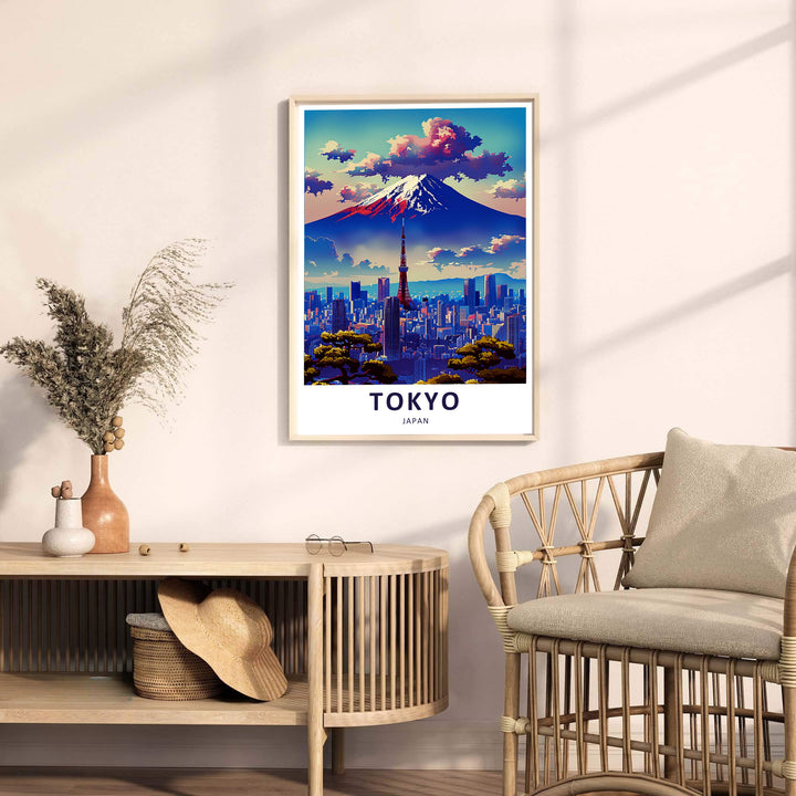 Elegant Japanese wall decor showing Mount Fuji framed by colorful dusk skies and urban Tokyo architecture. Offered by MapYourDreams, this artwork is available in flexible options including unframed paper, custom wooden frames, and gallery canvas wraps.