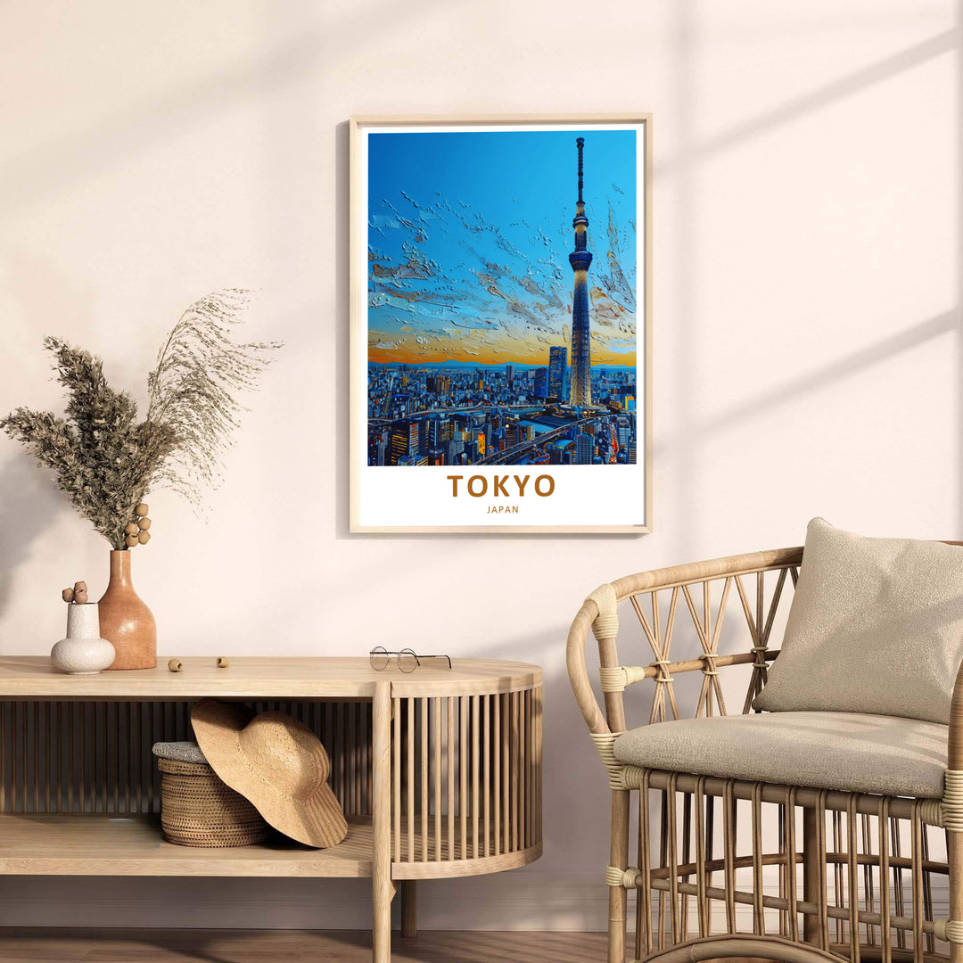 Contemporary travel wall art capturing the modern architecture of Tokyo Japan and Tokyo Skytree. Offered by MapYourDreams, this artwork is available in flexible options including unframed paper, custom wooden frames, and gallery canvas wraps.