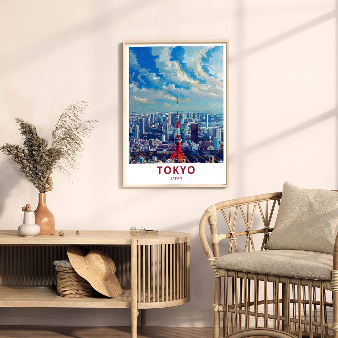 Elegant Japanese wall decor showing red Tokyo Tower framed by blue skies and distant coastal horizons. Offered by MapYourDreams, this artwork is available in flexible options including unframed paper, custom wooden frames, and gallery canvas wraps.