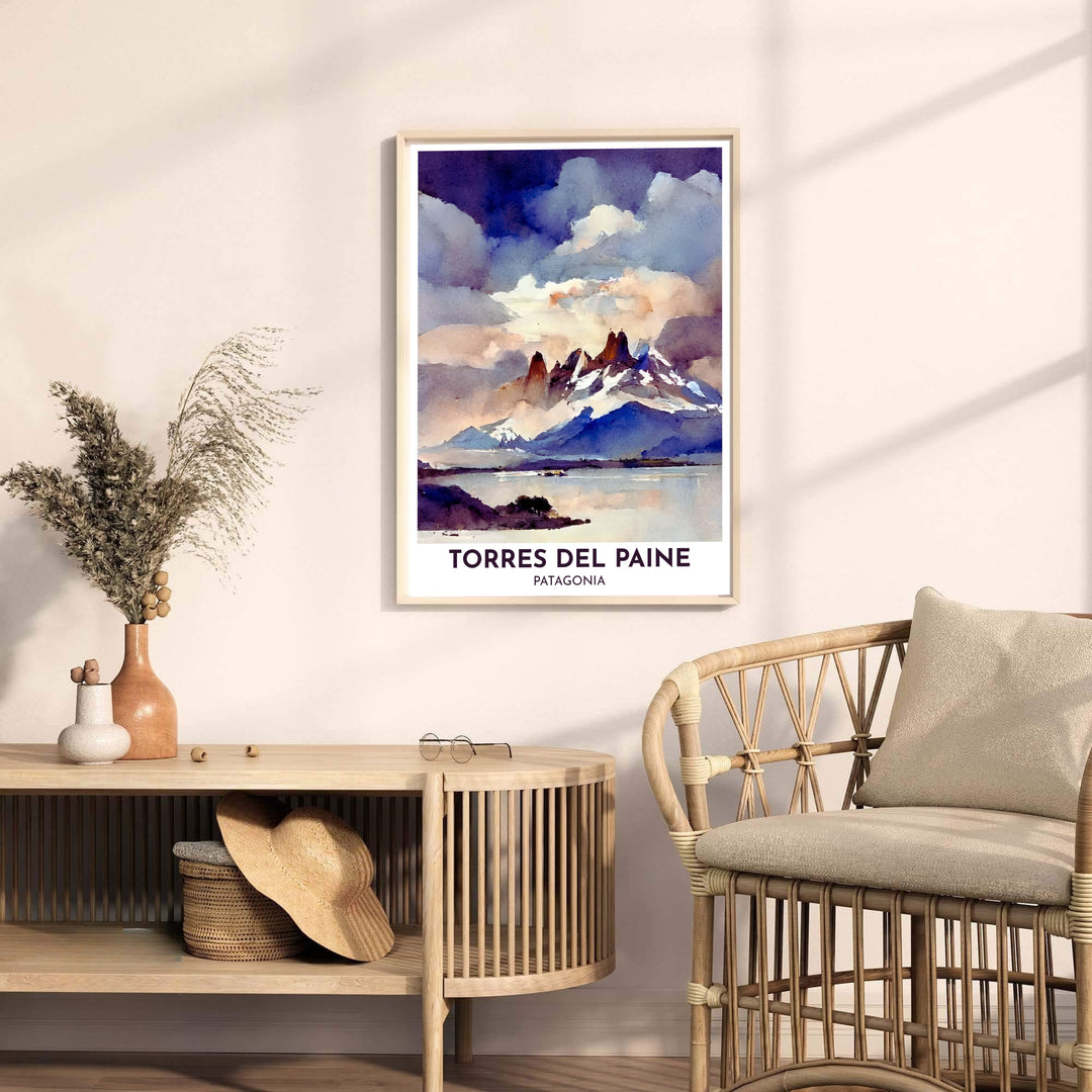 Sweeping across the wild glacial lakes of Patagonia, this Torres del Paine wall decor highlights dramatic weather shifts and glowing sunlight, brought to you by MapYourDreams in flexible paper, custom framed, and canvas wrap selections.