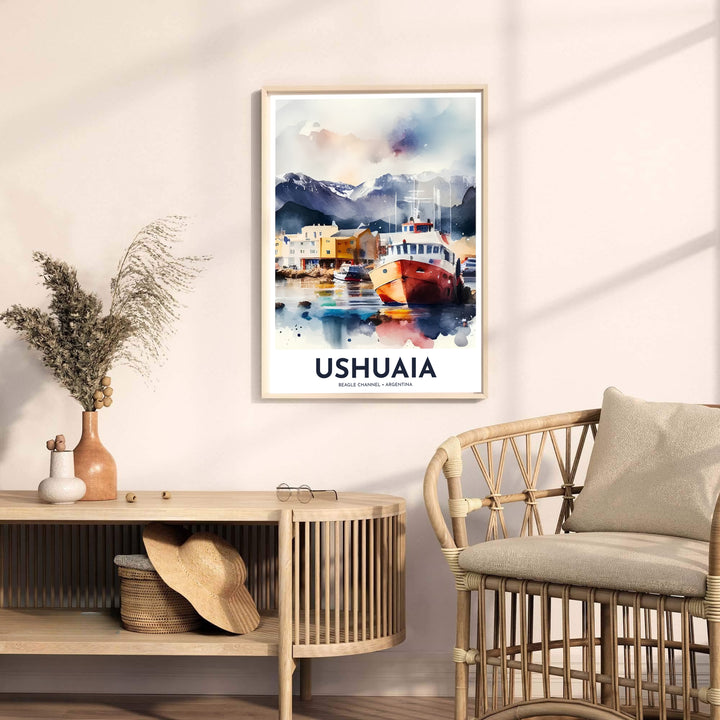Sweeping across the cold ocean harbor at the tip of South America, this Ushuaia port wall decor highlights vibrant reflections and snowy peak silhouettes, brought to you by MapYourDreams in flexible paper, custom framed, and canvas wrap selections.