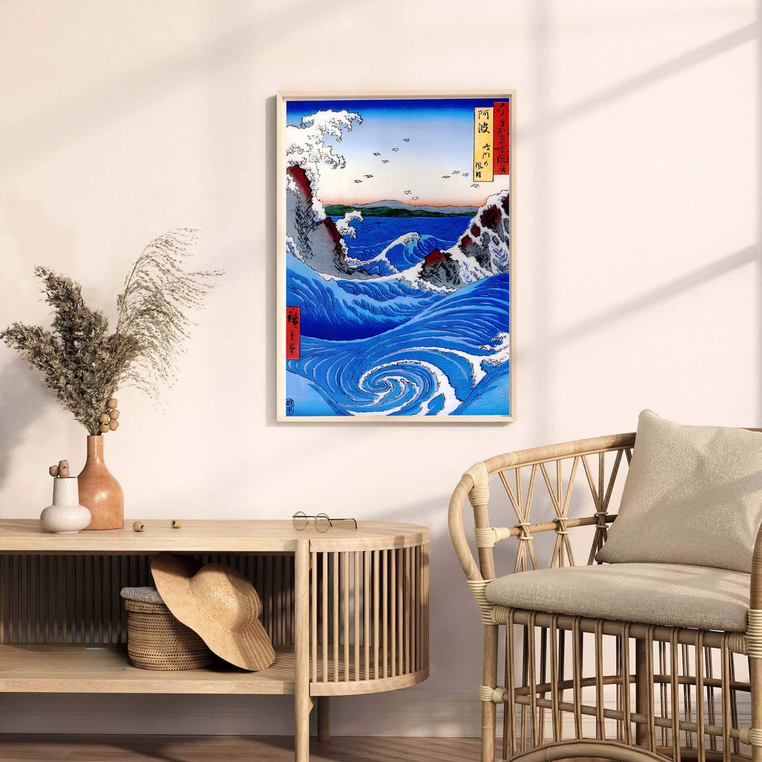 Traditional Japanese woodblock sea print Naruto Whirlpool Awa Province by artist Utagawa Hiroshige displaying rich tidal swirls in Naruto Whirlpool Awa Province. MapYourDreams provides premium framed, unframed, and canvas prints.