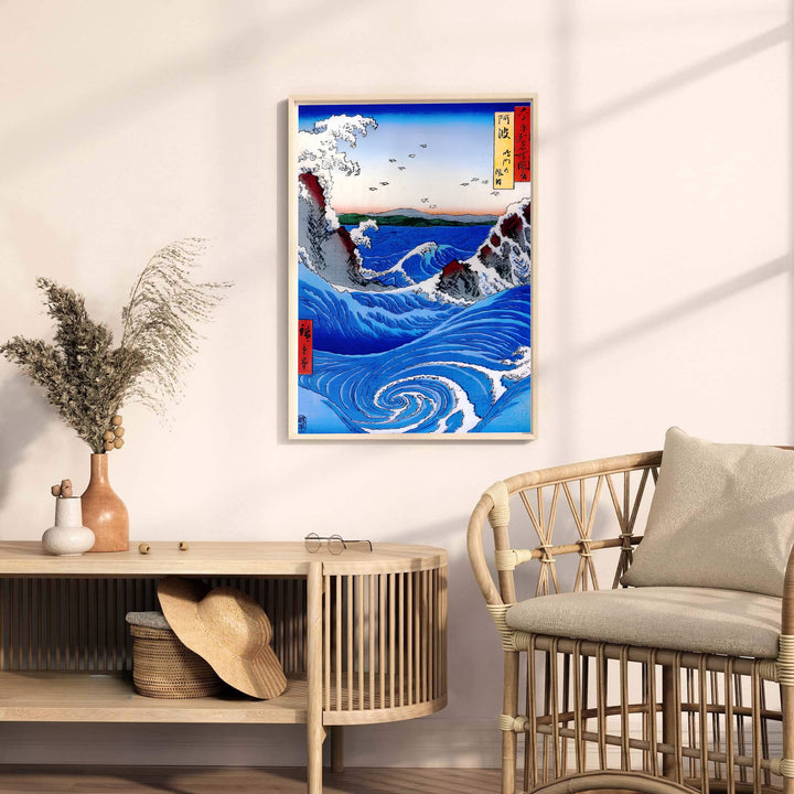 Traditional Japanese woodblock sea print Naruto Whirlpool Awa Province by artist Utagawa Hiroshige displaying rich tidal swirls in Naruto Whirlpool Awa Province. MapYourDreams provides premium framed, unframed, and canvas prints.