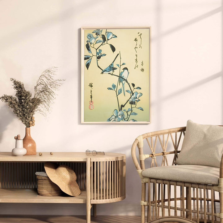 Traditional Japanese woodblock botanical print Birds Flowering Branch by artist Utagawa Hiroshige displaying rich songbird details in Edo Botanical Garden. MapYourDreams provides premium framed, unframed, and canvas prints.