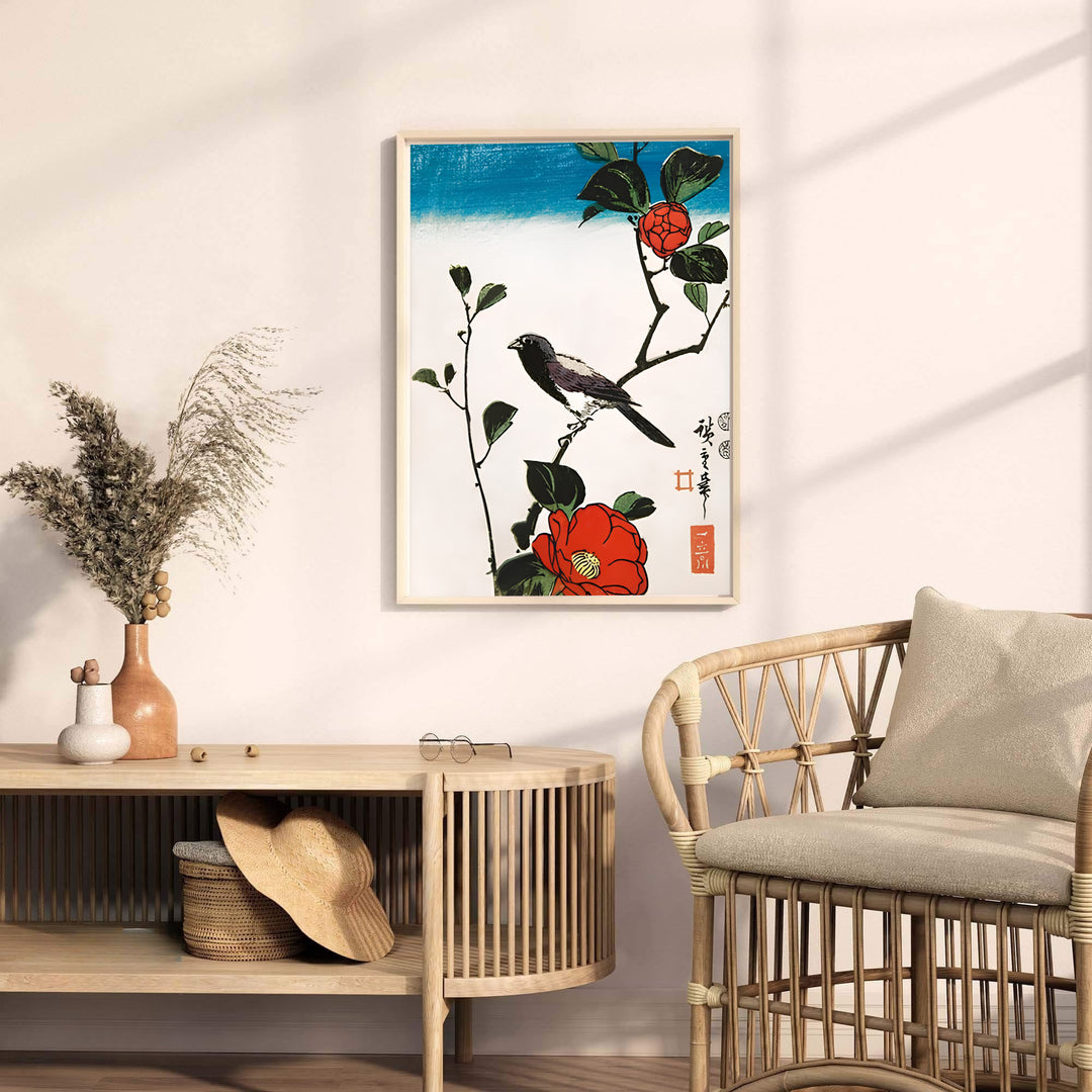 Traditional Japanese woodblock flora print Java Sparrow Camellia by artist Utagawa Hiroshige displaying delicate feather details in Kyoto Camellia Garden. MapYourDreams provides premium framed, unframed, and canvas prints.