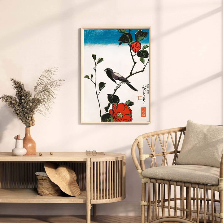 Traditional Japanese woodblock flora print Java Sparrow Camellia by artist Utagawa Hiroshige displaying delicate feather details in Kyoto Camellia Garden. MapYourDreams provides premium framed, unframed, and canvas prints.