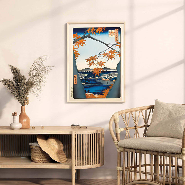Traditional Japanese woodblock landscape print Maple Trees at Mama by artist Utagawa Hiroshige displaying detailed bark textures at Maple Trees at Mama and Tekona Shrine. MapYourDreams provides premium framed, unframed, and canvas prints.
