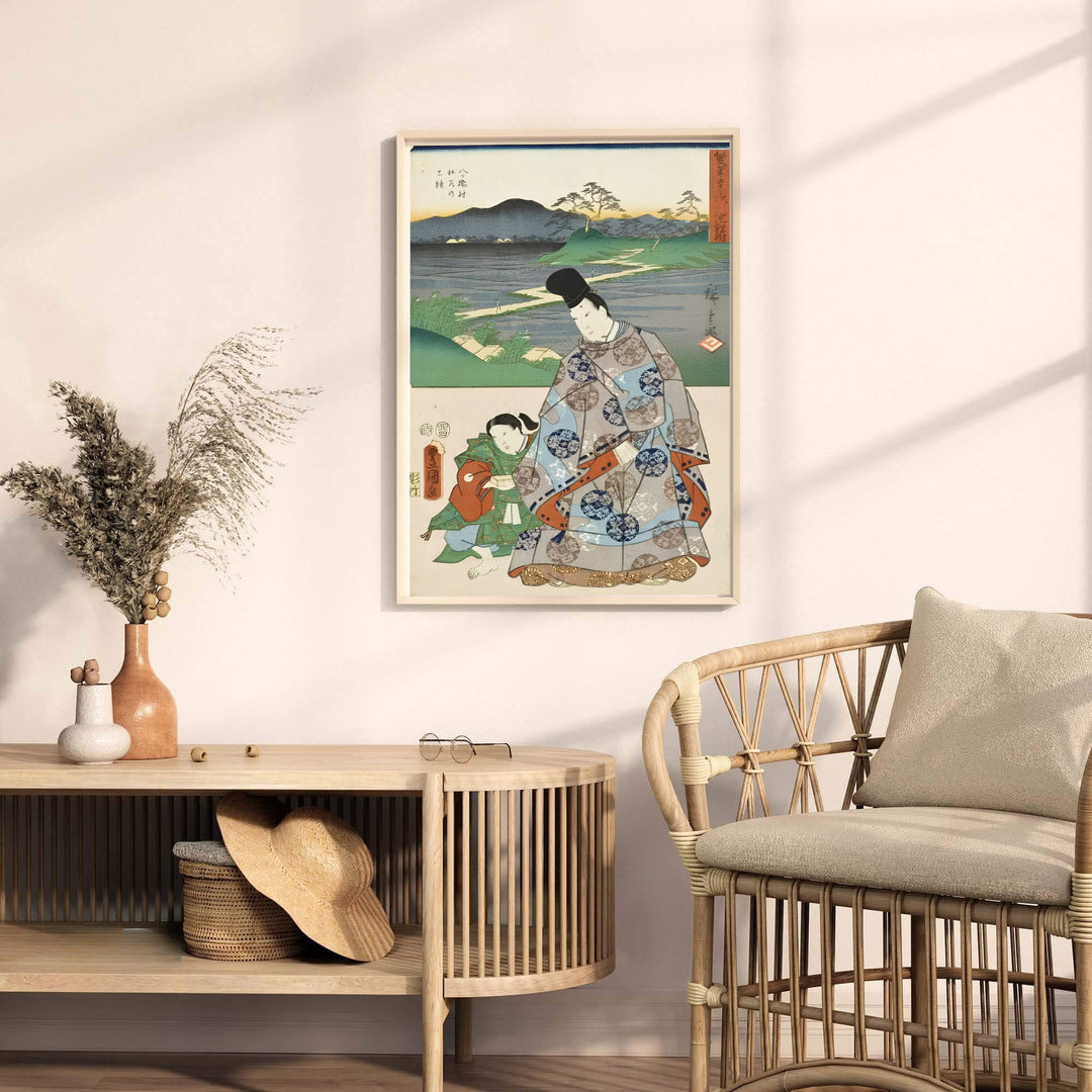 Japanese nobleman history print Chiryu Yatsuhashi with patterned court robes by artist Utagawa Kunisada and Utagawa Hiroshige inspired by travel art at Chiryu Post Station and Yatsuhashi Bridge. MapYourDreams offers versatile framed, unframed, and canvas print wall decor formats.