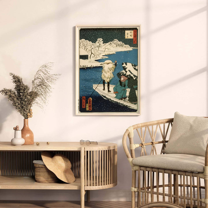 Traditional Japanese woodblock collaboration print Hashiba Ferry by artist Utagawa Kunisada and Utagawa Hiroshige II displaying detailed winter boat at Hashiba Ferry and Sumida River. MapYourDreams provides premium framed, unframed, and canvas prints.