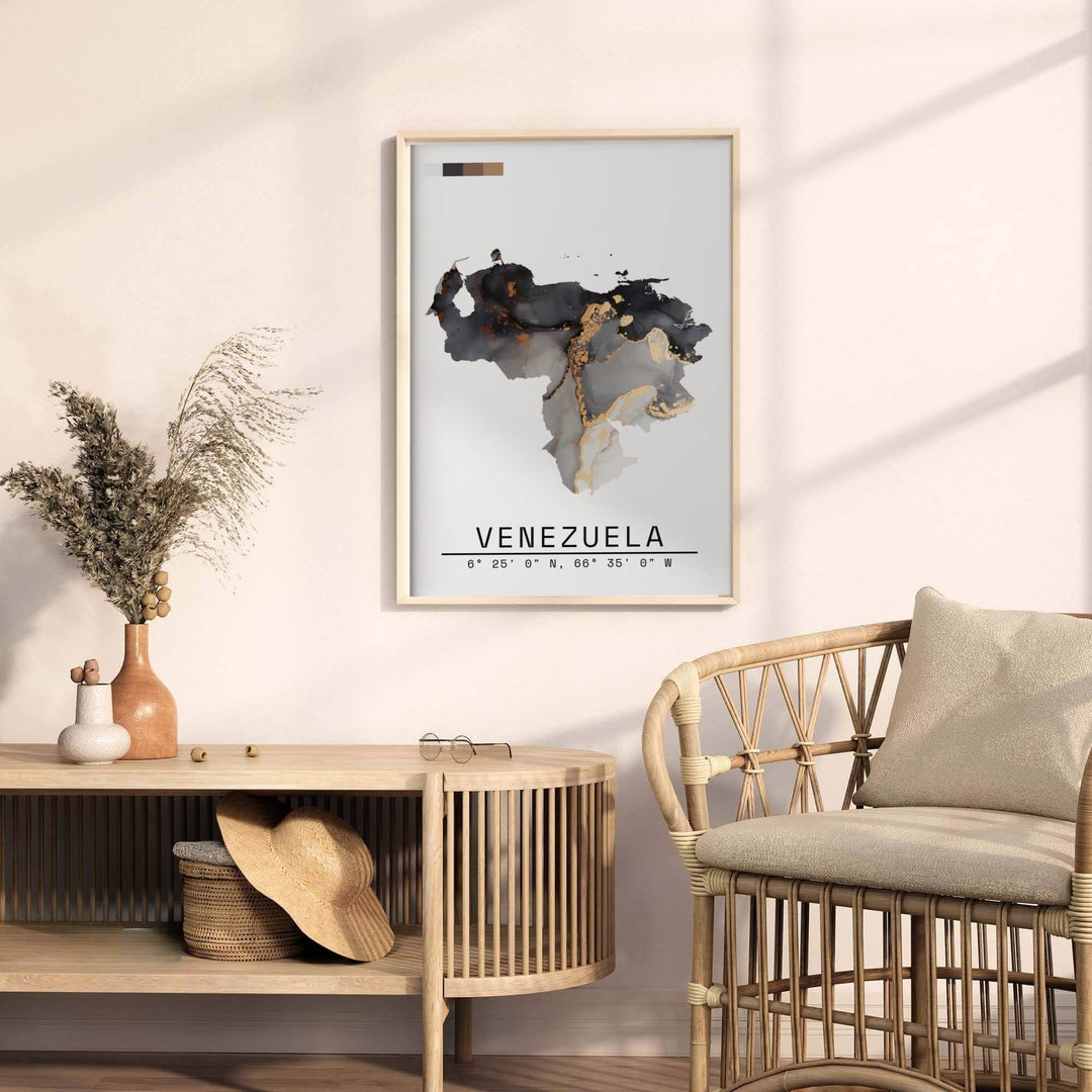 Contemporary travel poster capturing the luxurious modern aesthetic of Venezuela for glamorous and minimalist interior spaces. A fine offering from MapYourDreams, choose between flexible product formats like borderless paper, custom wooden frames, or canvas wraps.