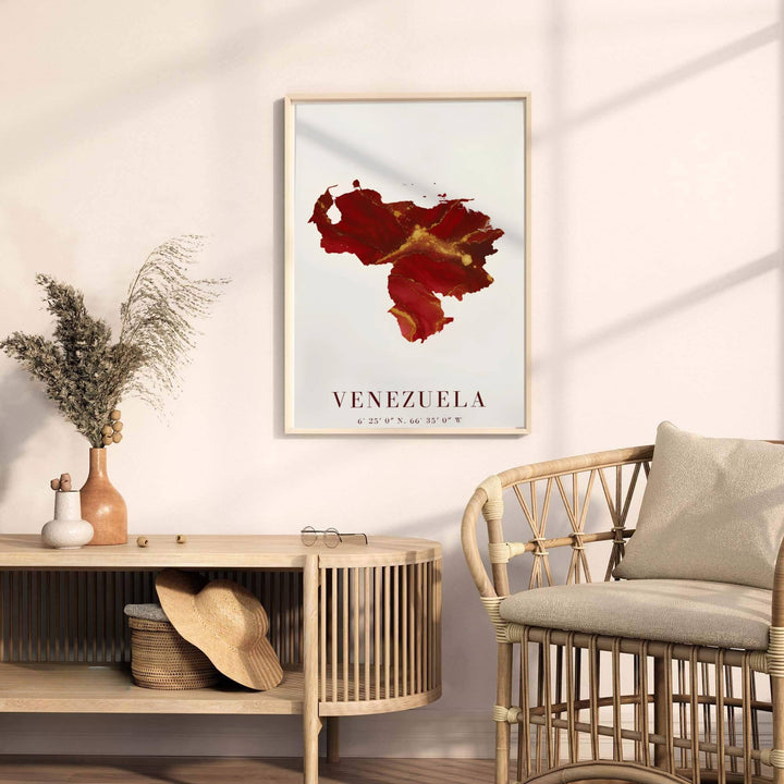 Contemporary travel poster capturing the luxurious modern aesthetic of Venezuela for glamorous and eclectic interior spaces. A fine offering from MapYourDreams, choose between flexible product formats like borderless paper, custom wooden frames, or canvas wraps.