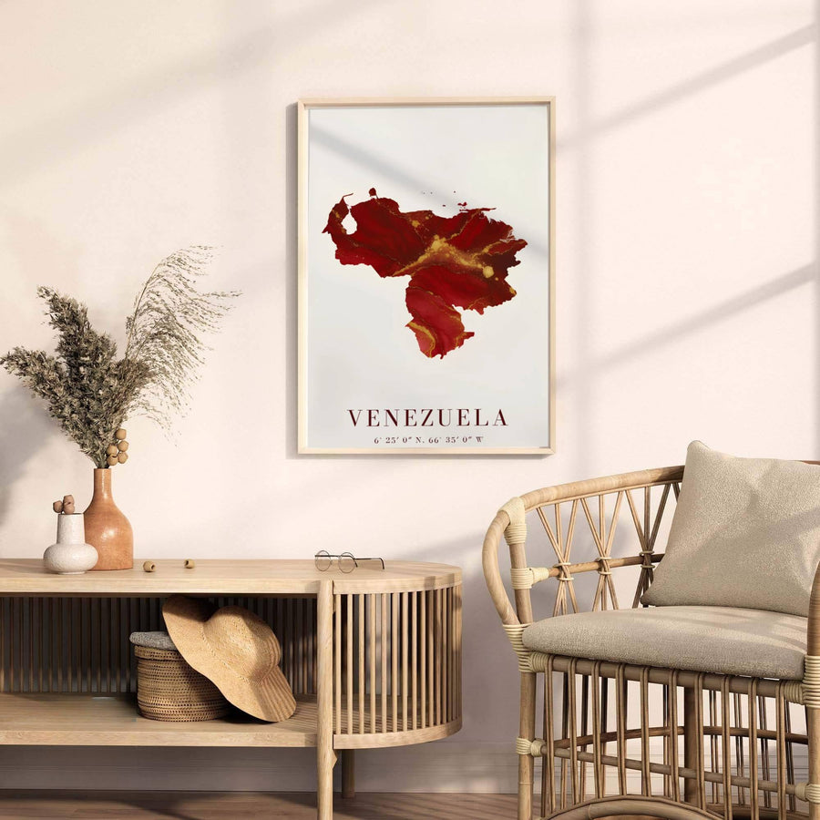 Contemporary travel poster capturing the luxurious modern aesthetic of Venezuela for glamorous and eclectic interior spaces. A fine offering from MapYourDreams, choose between flexible product formats like borderless paper, custom wooden frames, or canvas wraps.