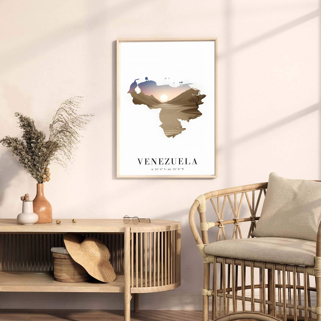 Contemporary travel poster capturing the warm Scandinavian aesthetic of Venezuela for minimalist and neutral interior spaces. A fine offering from MapYourDreams, choose between flexible product formats like borderless paper, custom wooden frames, or canvas wraps.