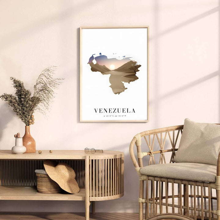 Contemporary travel poster capturing the warm Scandinavian aesthetic of Venezuela for minimalist and neutral interior spaces. A fine offering from MapYourDreams, choose between flexible product formats like borderless paper, custom wooden frames, or canvas wraps.