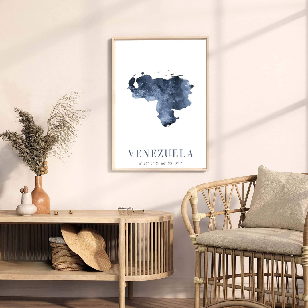 Beautiful South American landmark wall decor displaying the navy blue watercolor silhouette of Venezuela. Available through MapYourDreams, this print accommodates various display preferences, including unframed art paper, framed prints, or canvas wraps.