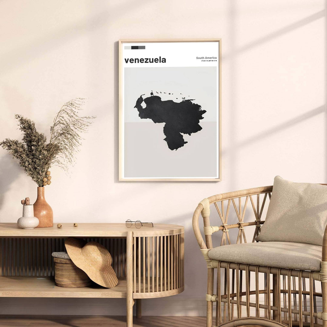 Beautiful South American landmark wall decor displaying the solid black country silhouette and neutral dual-tone background of Venezuela. Available through MapYourDreams, this print accommodates various display preferences, including unframed art paper, framed prints, or canvas wraps.