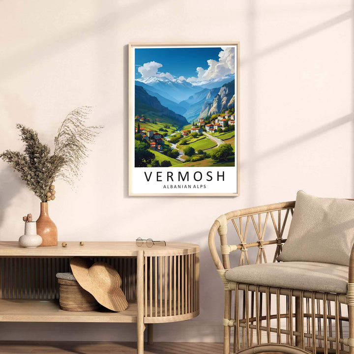 Looking past rolling pastures toward the grand peaks of the Accursed Mountains, this Vermosh art print celebrates Albanian highland heritage and contemporary design. Select your preferred format, such as unframed fine art paper, a custom wood frame, or a gallery canvas wrap.