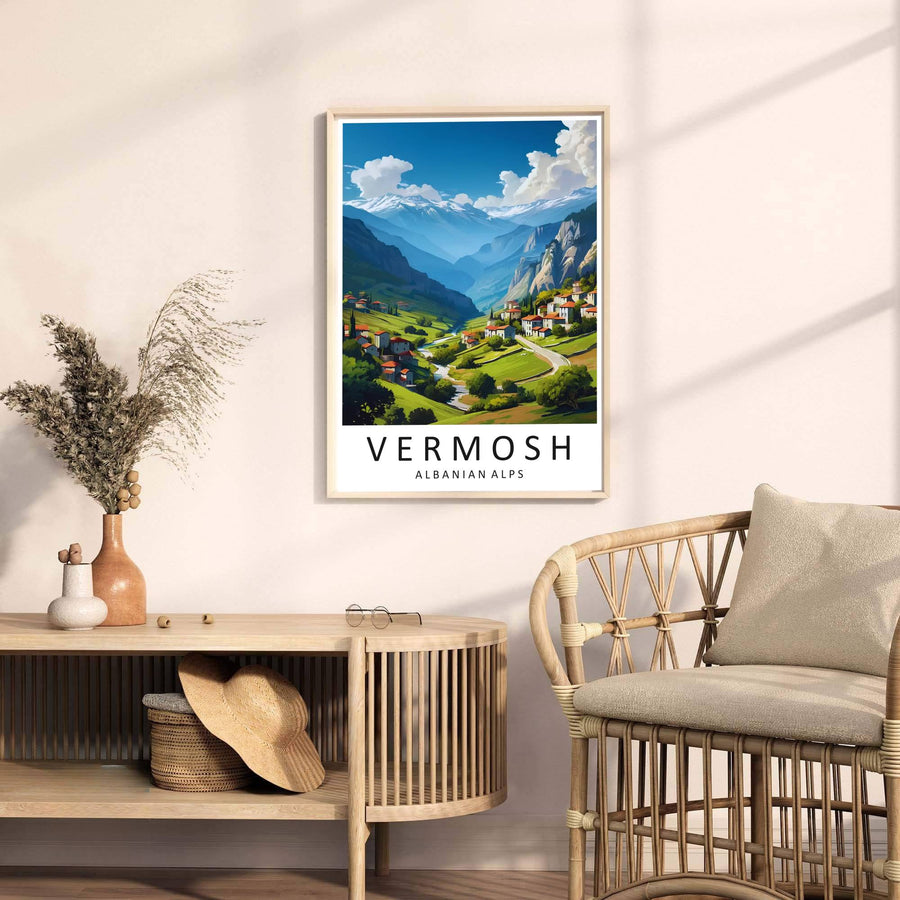 Looking past rolling pastures toward the grand peaks of the Accursed Mountains, this Vermosh art print celebrates Albanian highland heritage and contemporary design. Select your preferred format, such as unframed fine art paper, a custom wood frame, or a gallery canvas wrap.