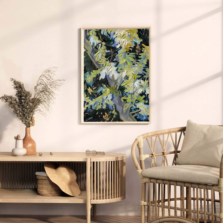Historic oil artwork poster of Vincent van Gogh Blossoming Acacia Branches 1890 rendered in teal, green, and yellow tones in Auvers-sur-Oise France. Order custom framed prints, unframed paper wall art, or gallery canvas options from MapYourDreams to complement your interior styling.
