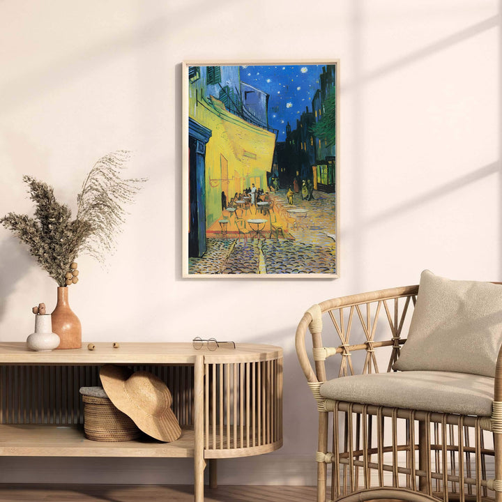 Museum quality fine art poster of Vincent van Gogh Cafe Terrace at Night 1888 detailing French architecture along Place du Forum in Arles France. MapYourDreams provides premium framed prints, unframed paper wall decor, and stretched canvas choices for living rooms and dining spaces.