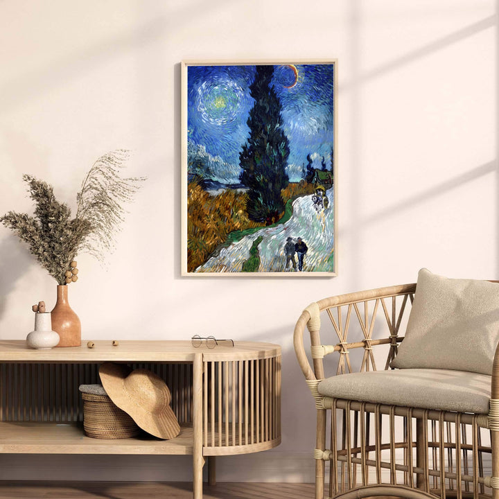 Museum quality fine art poster of Vincent van Gogh Country Road in Provence by Night 1890 detailing Provençal landscape scenery in Saint-Rémy-de-Provence France. MapYourDreams provides premium framed prints, unframed paper wall decor, and stretched canvas choices for dining room displays.
