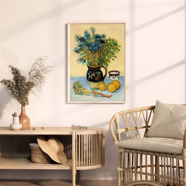 Museum quality fine art poster of Vincent van Gogh Majolica Jar Wildflowers 1888 detailing a Post-Impressionist still life in Arles France. MapYourDreams provides premium framed prints, unframed paper wall decor, and stretched canvas choices for living rooms and dining spaces.
