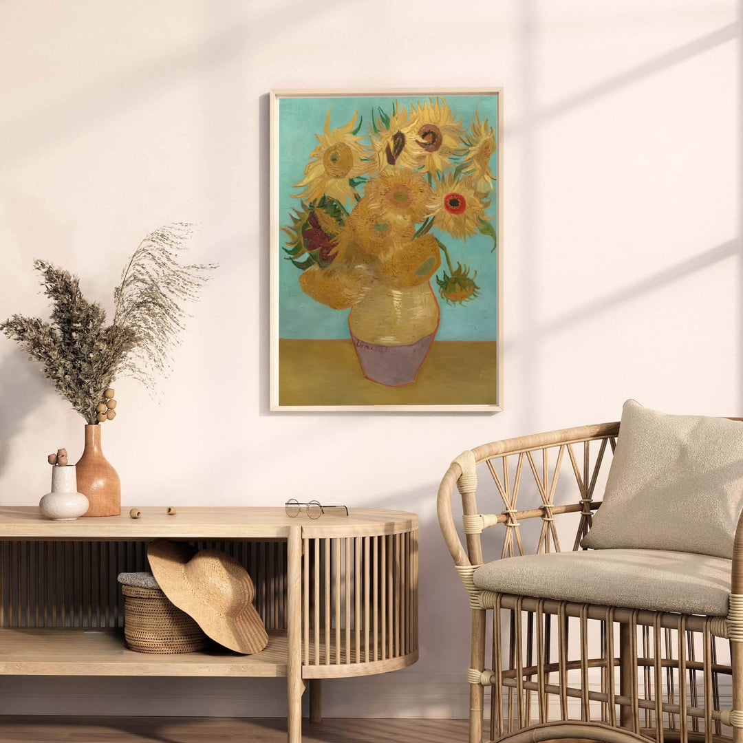 Rustic floral canvas art print of Vincent van Gogh Sunflowers on Blue 1888 depicting a ceramic vessel and stems in Arles France. MapYourDreams offers versatile framed wall art, unframed poster prints, and stretched canvas choices for art lovers and home decorators.