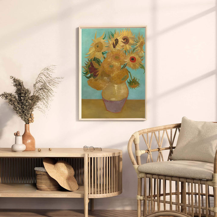 Rustic floral canvas art print of Vincent van Gogh Sunflowers on Blue 1888 depicting a ceramic vessel and stems in Arles France. MapYourDreams offers versatile framed wall art, unframed poster prints, and stretched canvas choices for art lovers and home decorators.