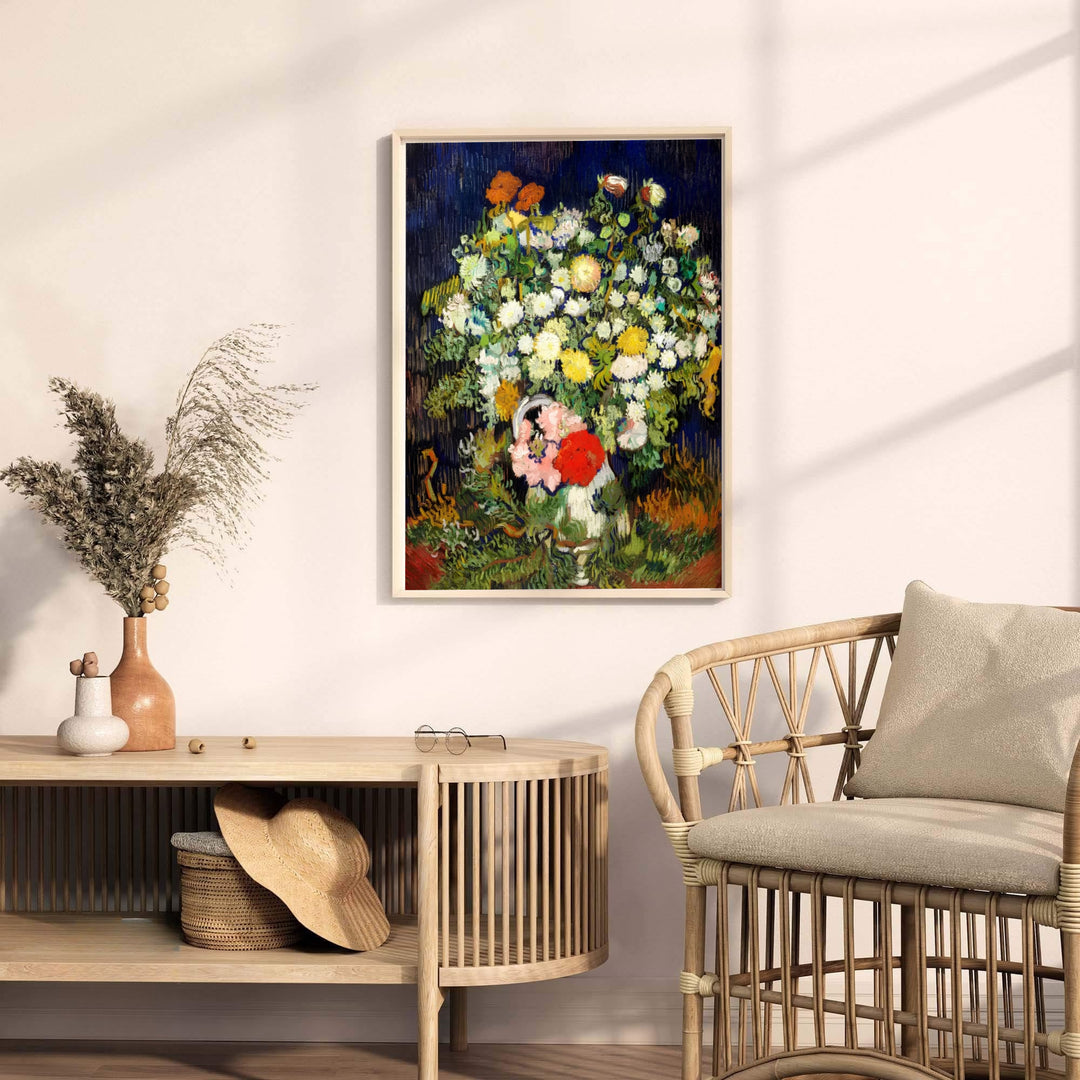 Museum quality fine art poster of Vincent van Gogh Vase With Flowers 1890 detailing a Post-Impressionist still life in Auvers-sur-Oise France. MapYourDreams provides premium framed prints, unframed paper wall decor, and stretched canvas choices for living rooms and library spaces.