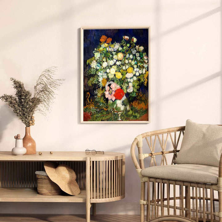 Museum quality fine art poster of Vincent van Gogh Vase With Flowers 1890 detailing a Post-Impressionist still life in Auvers-sur-Oise France. MapYourDreams provides premium framed prints, unframed paper wall decor, and stretched canvas choices for living rooms and library spaces.