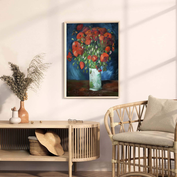 Museum quality fine art poster of Vincent van Gogh Vase With Red Poppies 1886 detailing a Post-Impressionist still life in Paris France. MapYourDreams provides premium framed prints, unframed paper wall decor, and stretched canvas choices for bedroom and library spaces.