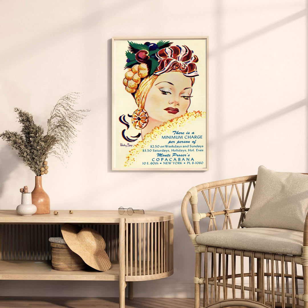 Retro 1940s NYC nightlife poster featuring Copacabana venue text and vintage cabaret fashion portraiture, available from MapYourDreams as an unframed art print, canvas wall decor, or custom framed print for living room gallery walls and cocktail corners.
