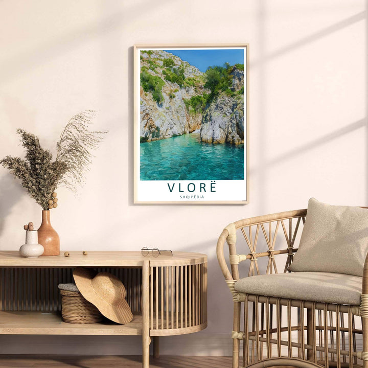 Looking past vertical canyon walls toward the sparkling Ionian sea, this Gjipe art print celebrates Albanian coastal heritage and contemporary design. Select your preferred format, such as unframed fine art paper, a custom wood frame, or a gallery canvas wrap.