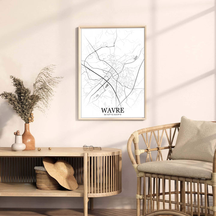 Contemporary European street map poster of Wavre, Belgium, capturing the historic charm and regional layout in a crisp visual presentation. Offered by MapYourDreams, this artwork is available in flexible options including unframed paper, custom wooden frames, and gallery canvas wraps.