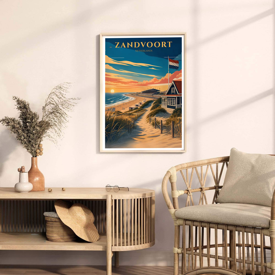 Fine art vector print detailing sandy dune trails, wild beach grass, and sunset ocean waves in Zandvoort Netherlands, available from MapYourDreams with choices including unframed paper prints, stretched gallery canvas, or a tailored custom framed wall display for seaside homes.