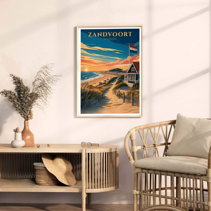 Fine art vector print detailing sandy dune trails, wild beach grass, and sunset ocean waves in Zandvoort Netherlands, available from MapYourDreams with choices including unframed paper prints, stretched gallery canvas, or a tailored custom framed wall display for seaside homes.