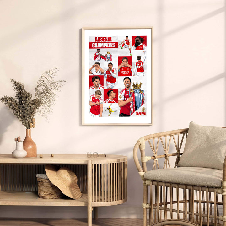 Multi panel collage art print of Arsenal 25/26 Premier League Champions at Emirates Stadium, available as unframed prints, framed wall art, or canvas options for room decoration.