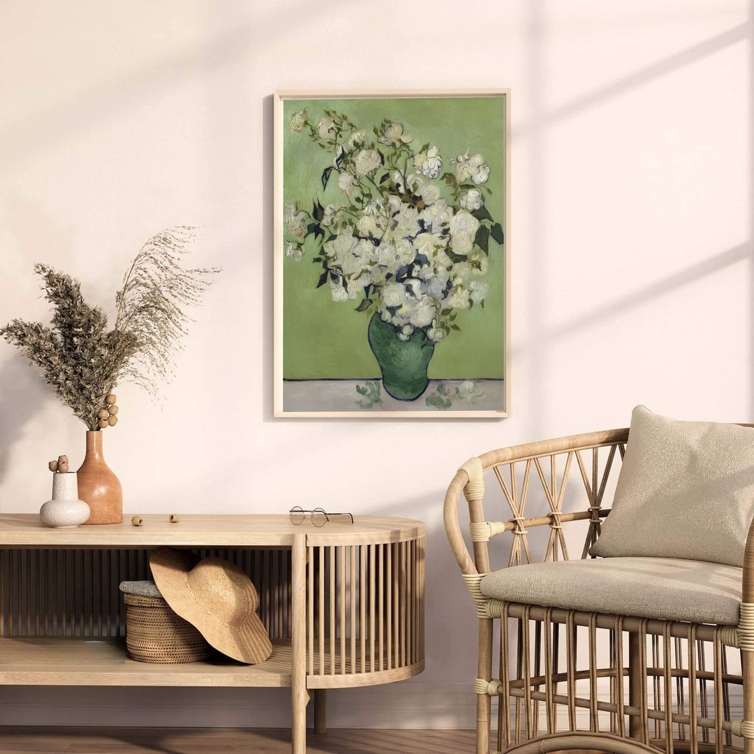 Museum quality fine art poster of Vincent van Gogh Roses 1890 detailing a Post-Impressionist still life in Saint-Remy-de-Provence France. MapYourDreams provides premium framed prints, unframed paper wall decor, and stretched canvas choices for living rooms and dining spaces.