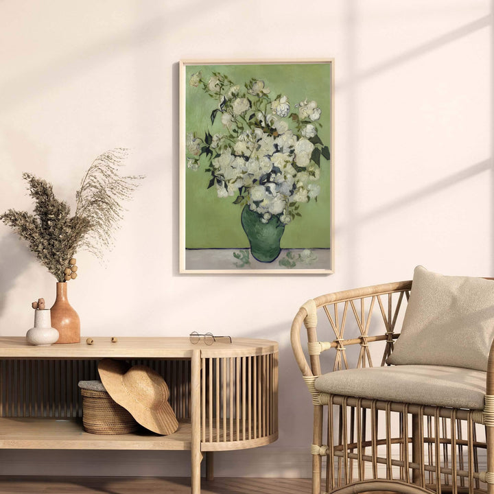 Museum quality fine art poster of Vincent van Gogh Roses 1890 detailing a Post-Impressionist still life in Saint-Remy-de-Provence France. MapYourDreams provides premium framed prints, unframed paper wall decor, and stretched canvas choices for living rooms and dining spaces.