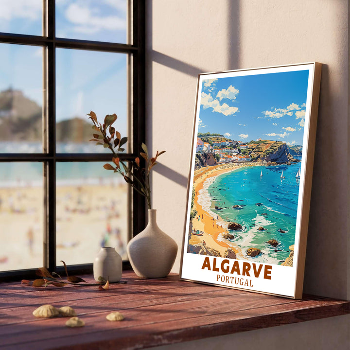 Terracotta rooftops overlook golden sandy shores at Lagos, Algarve, Portugal in this fine wall poster. MapYourDreams provides archival framed, unframed, and canvas print options perfect for living room decor.